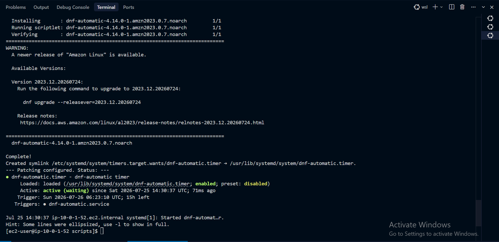 Amazon Linux dnf-automatic patching configured and verified