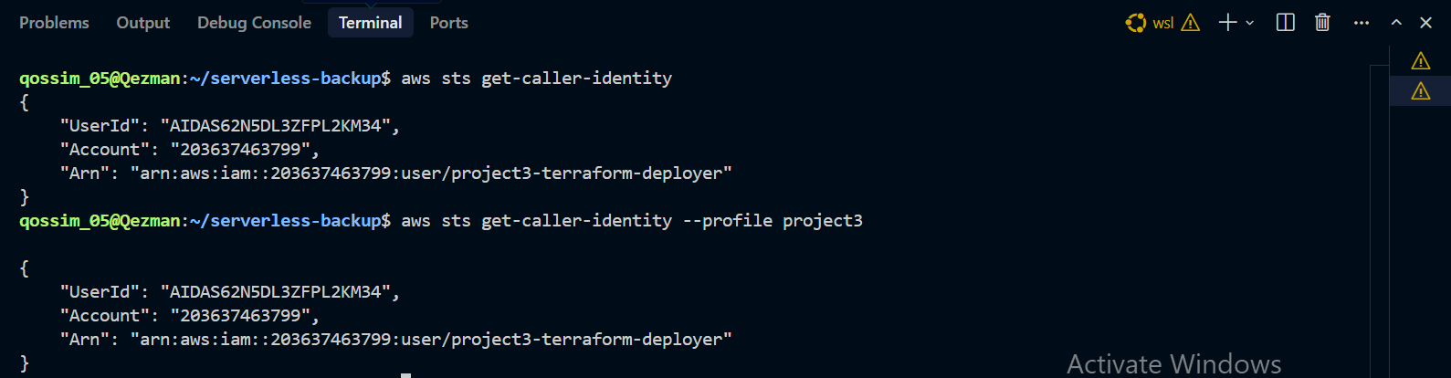 Screenshot: aws sts get-caller-identity output showing project3-terraform-deployer