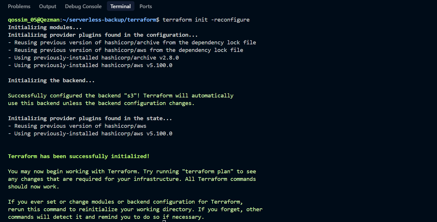 Screenshot: terraform init -reconfigure migrating state to S3