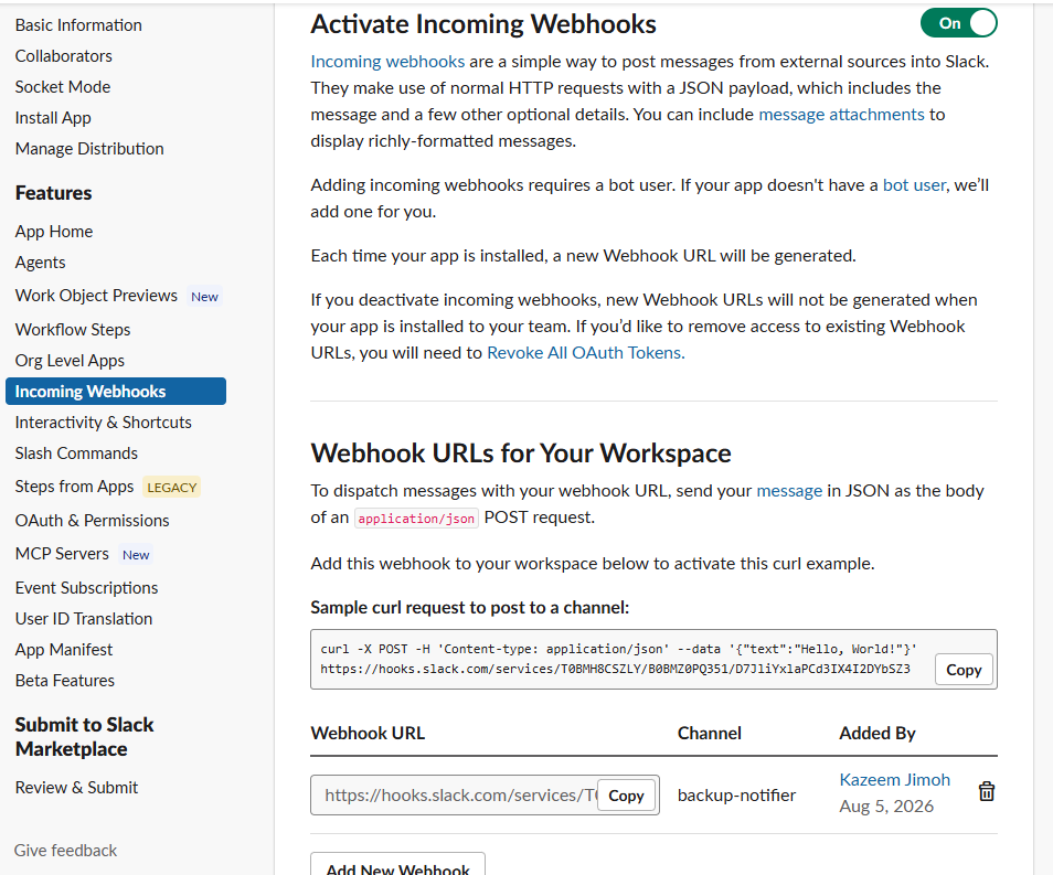 Screenshot: Slack Incoming Webhooks page showing the active webhook