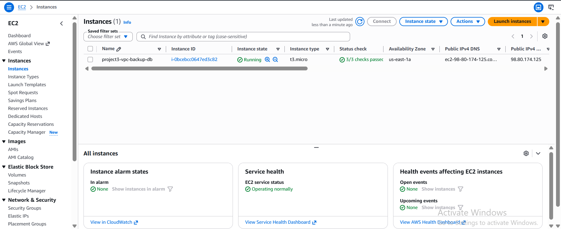 Screenshot: EC2 instance running in AWS console, IAM instance profile attached