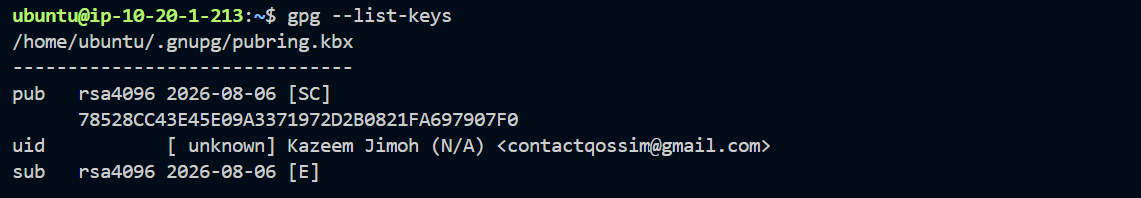 Screenshot: gpg --list-keys on the instance showing the imported public key