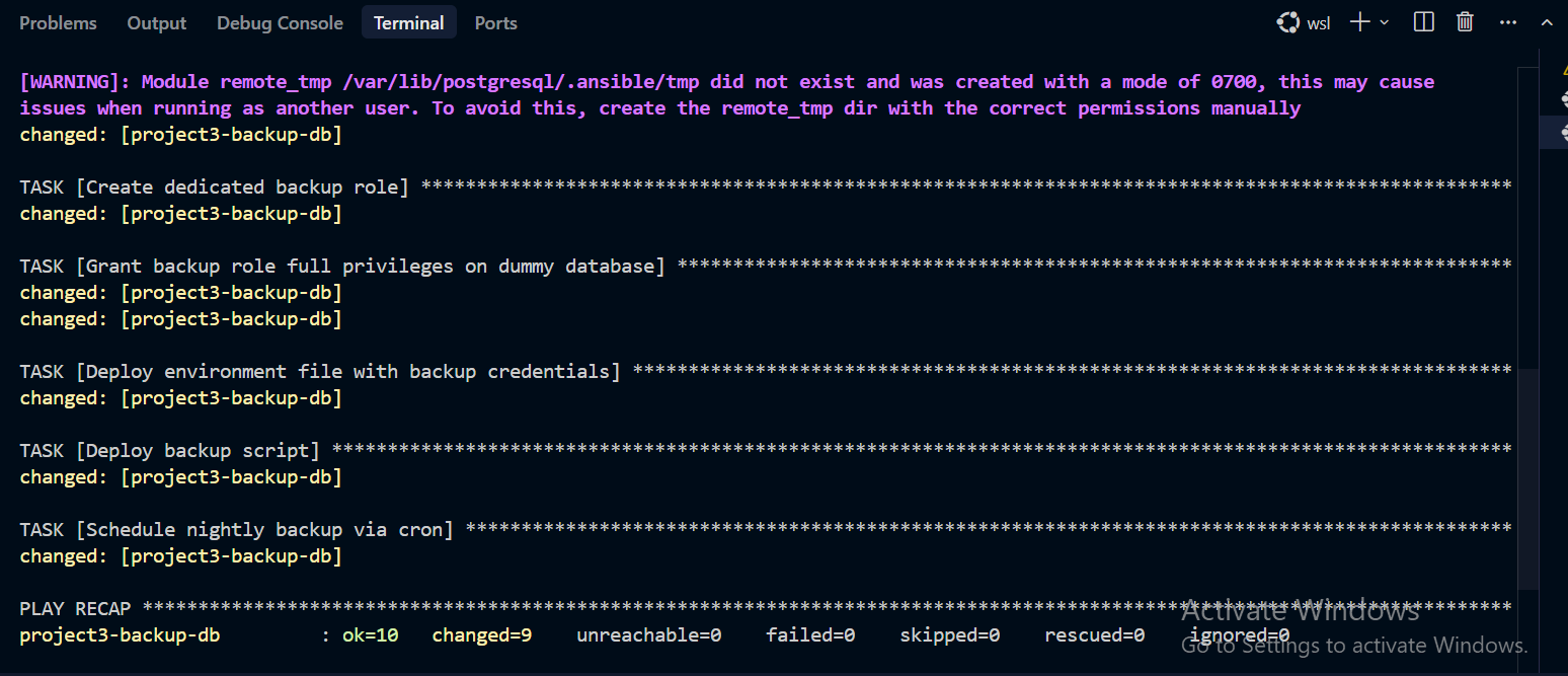 Screenshot: ansible-playbook run completing, all tasks ok/changed, failed=0