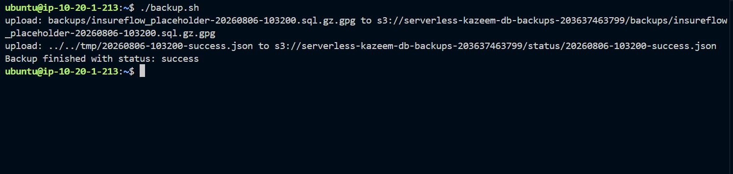 Screenshot: terminal output ending in "Backup finished with status: success"