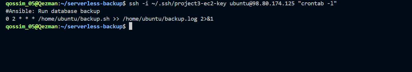Screenshot: crontab -l output showing the nightly 2 AM schedule